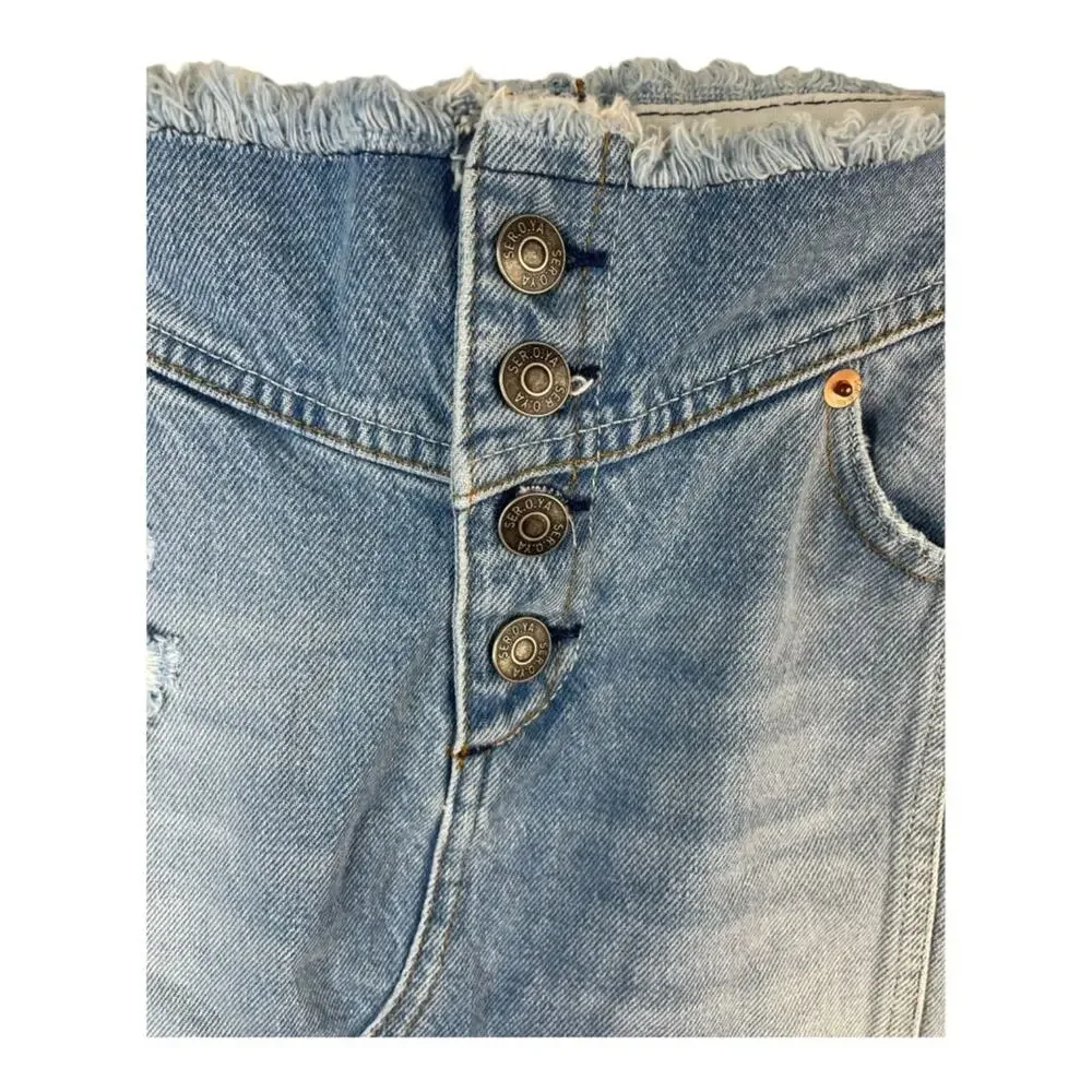 SER.O.YA Keenan Skirt Denim Distressed Raw Hem Y2K Summer Spring 100% Cotton 25